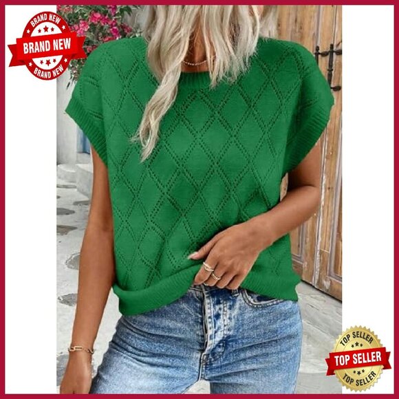 Cable Knit Short Sleeve Sweater Lightweight Pullover Loose Fit - Picture 6 of 8